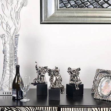 Set Of 3 Silver Mirrored Chrome Ceramic Elephants Statue Sculpture Hand Finish