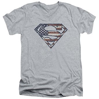 Superman War-torn Flag Short Sleeve Adult V Neck T-shirt