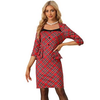 Women's Bodycon Pencil Dress 3/4 Sleeve Peplum Belt Plaid Sheath Dress