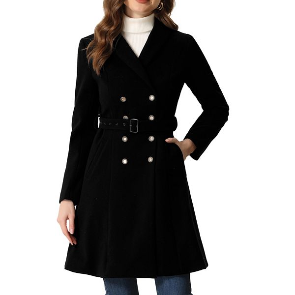 Double Breasted Winter Coat For Women Flat Collar Belted Pockets