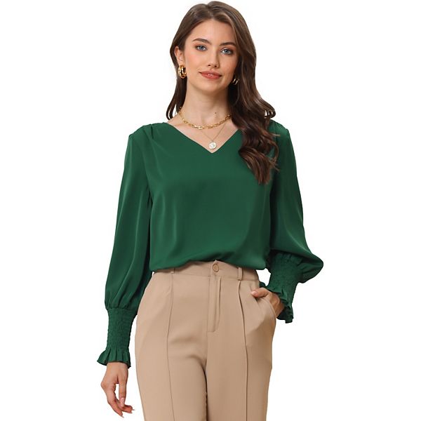 Women's V Neck Blouse Shirred Bell Long Sleeve Casual Office Tops