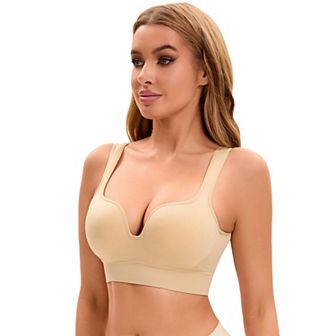 Women's Medium Impact Workout Wireless Padded Deep V Neck Fitness Sports Bras