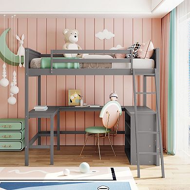Merax Loft Bed With Shelves And Desk, Wooden Loft Bed With Desk