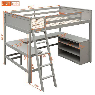 Merax Loft Bed With Shelves And Desk, Wooden Loft Bed With Desk
