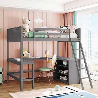 Merax Loft Bed With Shelves And Desk, Wooden Loft Bed With Desk