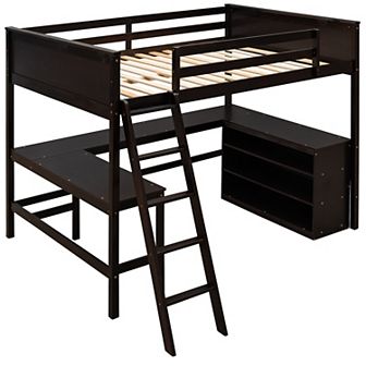 Merax Loft Bed With Shelves And Desk, Wooden Loft Bed With Desk