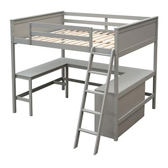 Merax Loft Bed With Shelves And Desk, Wooden Loft Bed With Desk