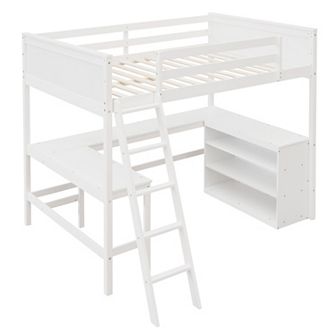 Merax Loft Bed With Shelves And Desk, Wooden Loft Bed With Desk