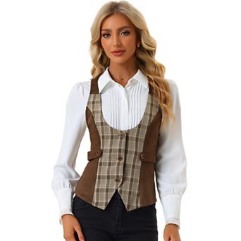 Vintage Waistcoat Vest for Women's Plaid Button Down Sleeveless Dressy Vests
