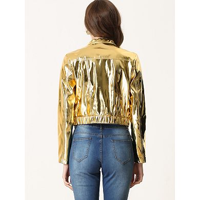 Metallic Cropped Jacket For Women's Stand Collar Zip Up Shiny Biker Holographic Jackets