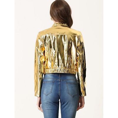 Metallic Cropped Jacket For Women's Stand Collar Zip Up Shiny