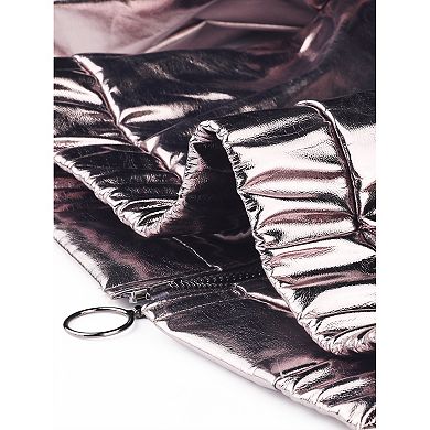Metallic Cropped Jacket For Women's Stand Collar Zip Up Shiny Biker Holographic Jackets