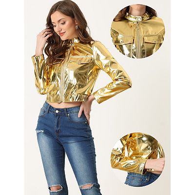 Metallic Cropped Jacket For Women's Stand Collar Zip Up Shiny