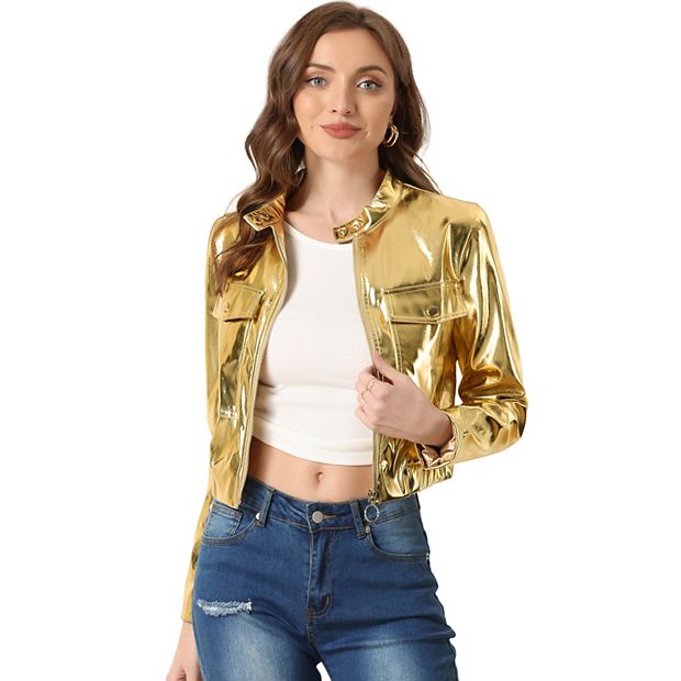 Metallic Cropped Stand Collar Zip Up Shiny Biker Holographic Jacket Gold M