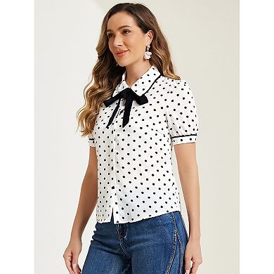 Women's Polka Dots Peter Pan Collar Tie Neck Short Sleeve Shirt