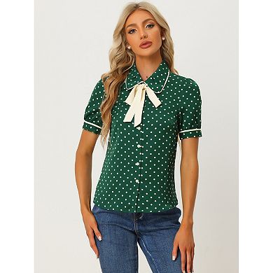 Women's Polka Dots Peter Pan Collar Tie Neck Short Sleeve Shirt