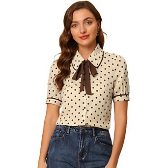 Women's Polka Dots Peter Pan Collar Tie Neck Short Sleeve Shirt