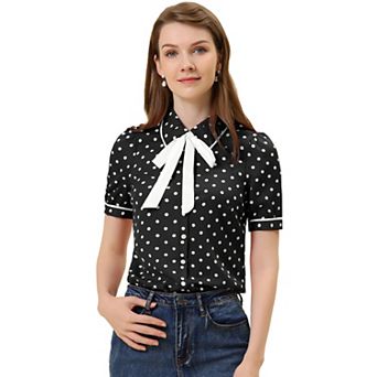 Women's Polka Dots Peter Pan Collar Tie Neck Short Sleeve Shirt