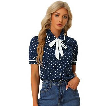 Women's Polka Dots Peter Pan Collar Tie Neck Short Sleeve Shirt