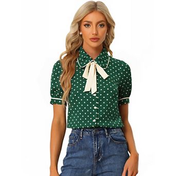 Women's Polka Dots Peter Pan Collar Tie Neck Short Sleeve Shirt