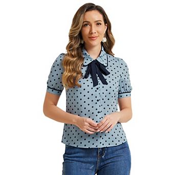 Women's Polka Dots Peter Pan Collar Tie Neck Short Sleeve Shirt