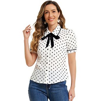 Women's Polka Dots Peter Pan Collar Tie Neck Short Sleeve Shirt