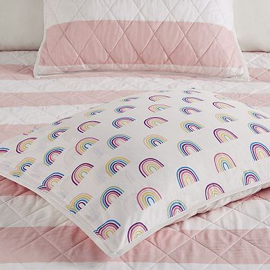 Pink White Cabana Stripe Cotton Kids Reversible Quilt Set with Rainbow Print