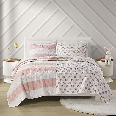 Pink White Cabana Stripe Cotton Kids Reversible Quilt Set with Rainbow Print