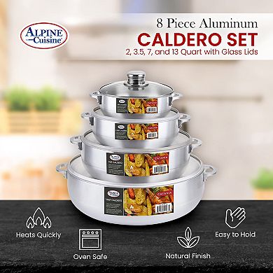 Alpine Cuisine 8pc Set Aluminum Caldero Stock Pot With Glass Lid, Cooking Dutch Oven For Even Heat