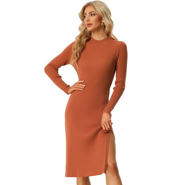 Womens Turtleneck Sweater Dress Long Sleeves Slit Bodycon Midi Ribbed