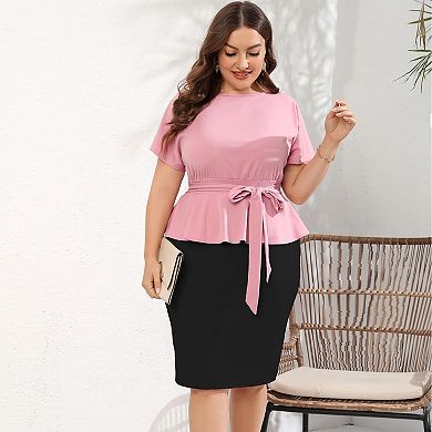 Women Plus Size Bodycon Elegant Midi Dress Peplum Business Office Sheath Cocktail Dress With Belt