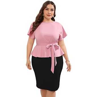 Women Plus Size Bodycon Elegant Midi Dress Peplum Business Office Sheath Cocktail Dress With Belt