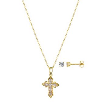 Gratitude & Grace 14k Gold Plated Cubic Zirconia Stud Earrings & Baguette Cross Pendant Necklace Set
