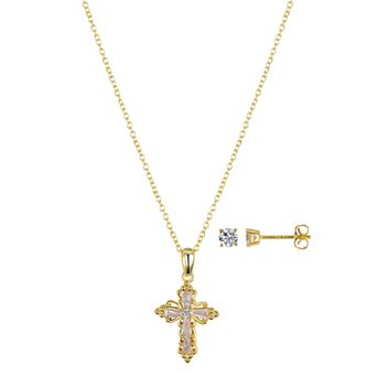 Gratitude & Grace 14k Gold Plated Cubic Zirconia Stud Earrings & Baguette Cross Pendant Necklace Set