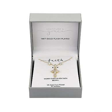 Gratitude & Grace 14k Gold Plated Cubic Zirconia Stud Earrings & Baguette Cross Pendant Necklace Set