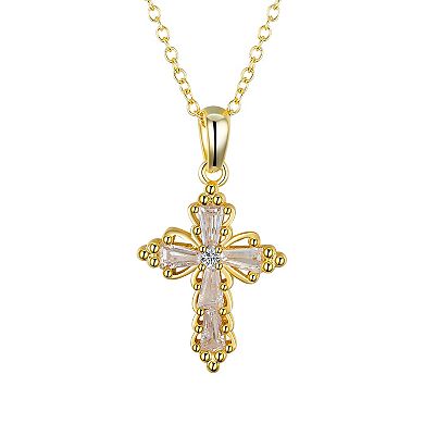 Gratitude & Grace 14k Gold Plated Cubic Zirconia Stud Earrings & Baguette Cross Pendant Necklace Set