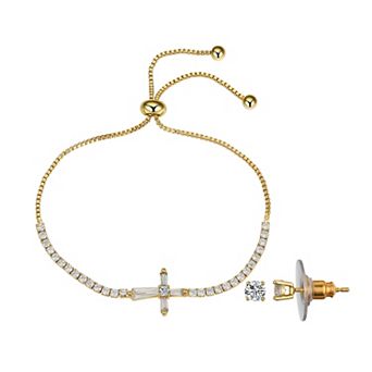 Gratitude & Grace Simulated Crystal Cross Bolo Bracelet & Cubic Zirconia Stud Earring Set