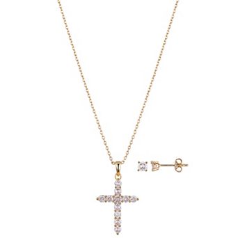 Gratitude & Grace Cubic Zirconia Stud Earrings & Round Stone Cross Pendant Necklace Set
