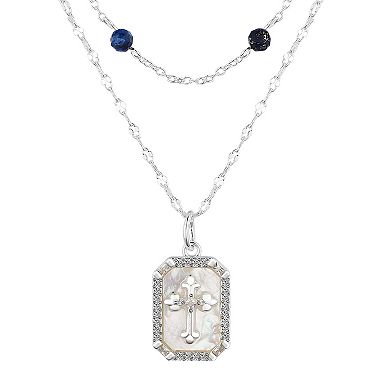 Gratitude & Grace Cubic Zirconia and Mother of Pearl Cross & Lapis Stone Pendant Necklace Set