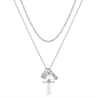 Gratitude & Grace Fine Silver Plated Cubic Zirconia Cross, Round Stone, & Baguette Charms Pendant Necklace & Chain Necklace Set