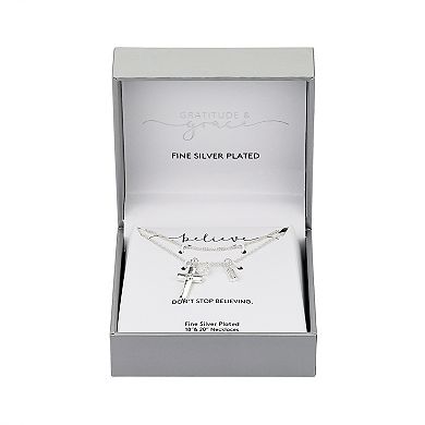 Gratitude & Grace Fine Silver Plated Cubic Zirconia Cross, Round Stone, & Baguette Charms Pendant Necklace & Chain Necklace Set