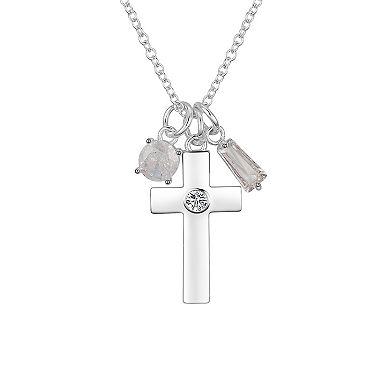 Gratitude & Grace Fine Silver Plated Cubic Zirconia Cross, Round Stone, & Baguette Charms Pendant Necklace & Chain Necklace Set