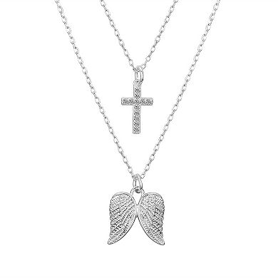 Gratitude & Grace Fine Silver Plated Cubic Zirconia Cross & Angel Wings Pendant Necklaces Set