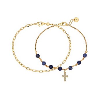 Gratitude & Grace 14k Gold Plated Crystal & Sodalite Cross & Paperclip Chain Bracelets Set