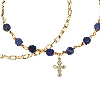 Gratitude & Grace 14k Gold Plated Crystal & Sodalite Cross & Paperclip Chain Bracelets Set