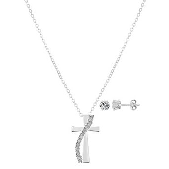 Gratitude & Grace Fine Silver Plated Cubic Zirconia Stud Earrings & Cross Stone Sash Pendant Necklace Set