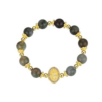 Gratitude & Grace 14k Gold Plated Crystal & Fancy Jasper Stone Virgin Mary Stretch Bracelet