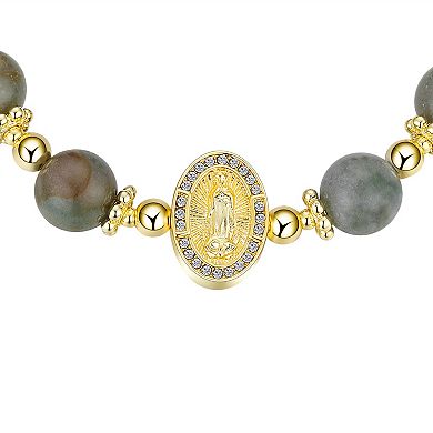 Gratitude & Grace 14k Gold Plated Crystal & Fancy Jasper Stone Virgin Mary Stretch Bracelet