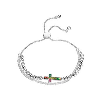 Gratitude & Grace Fine Silver Plated Cubic Zirconia & Abalone Cross Double Strand Beaded Adjustable Bracelet