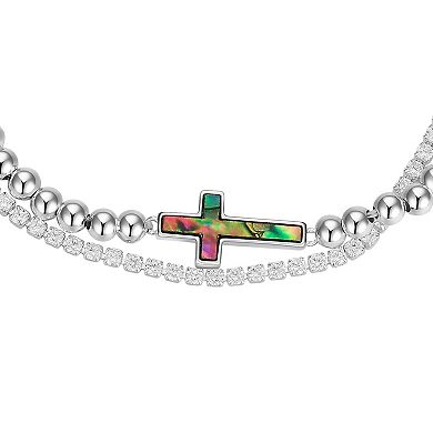 Gratitude & Grace Fine Silver Plated Cubic Zirconia & Abalone Cross Double Strand Beaded Adjustable Bracelet